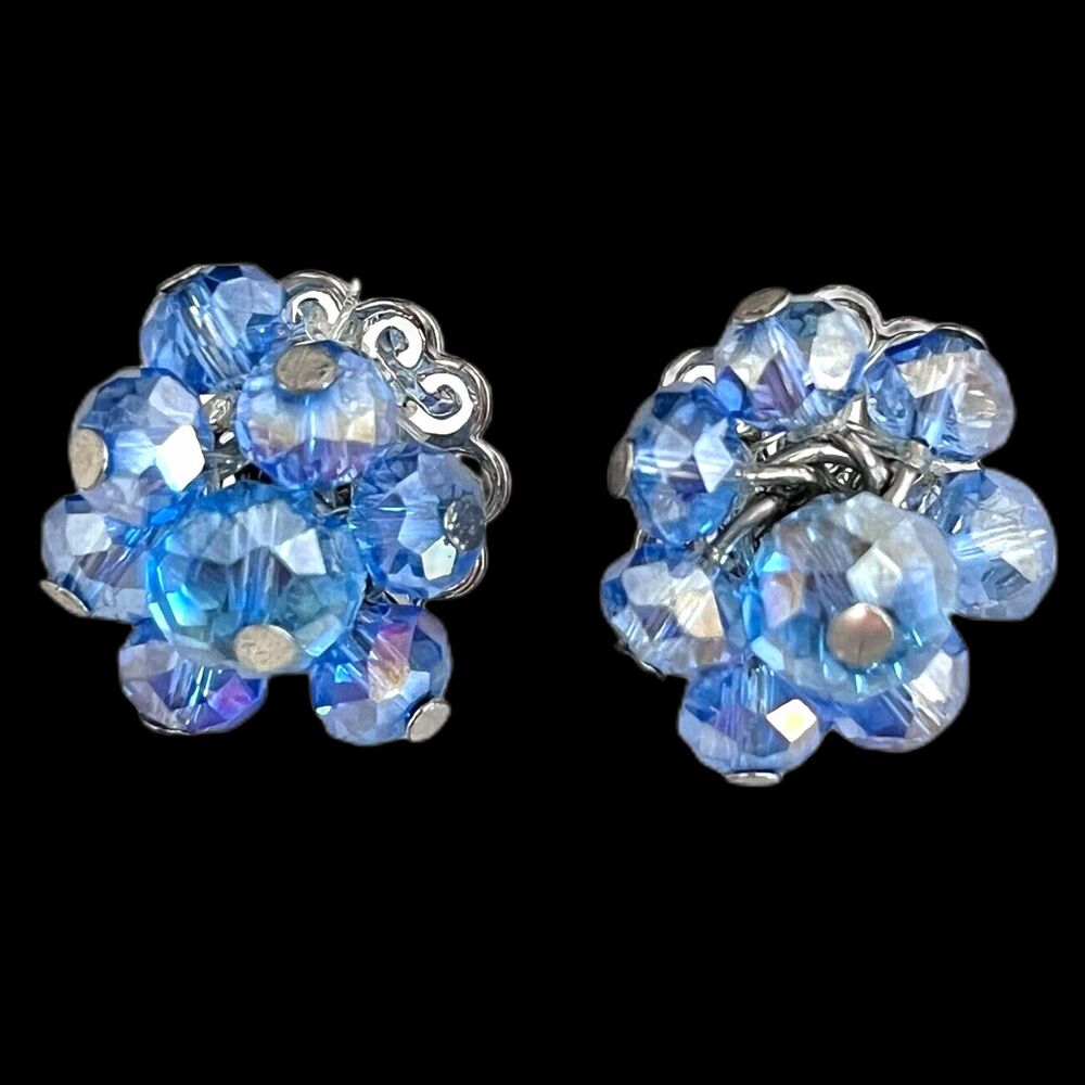 Vintage 1950s Cluster Earrings Blue AB Crystal Silver Tone - 1Q
